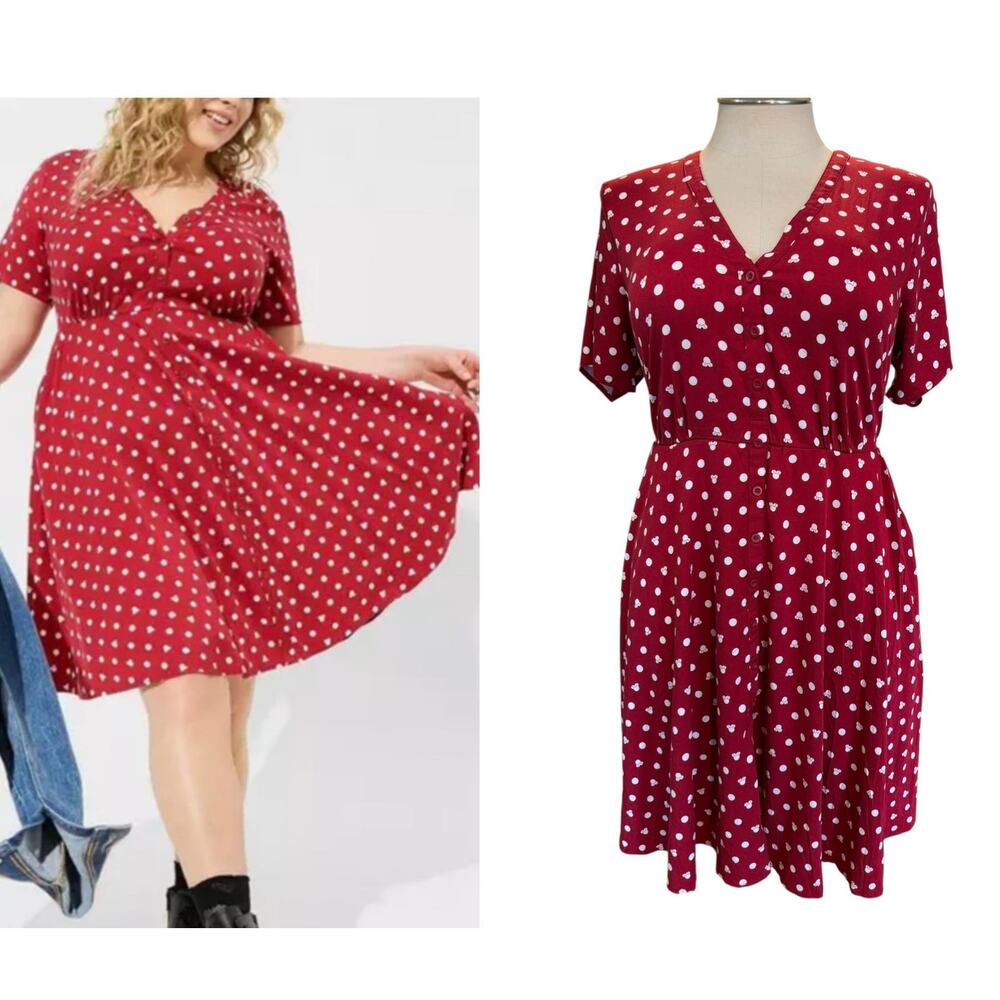 Torrid 2 (2X 18/20) Disney Minnie Mouse Red Polka Dot Challis V-Neck Shirt Dress